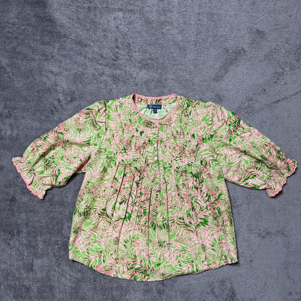 Democracy Plus M Botanical Print Lantern Sleeve Top Button Front Pink Floral